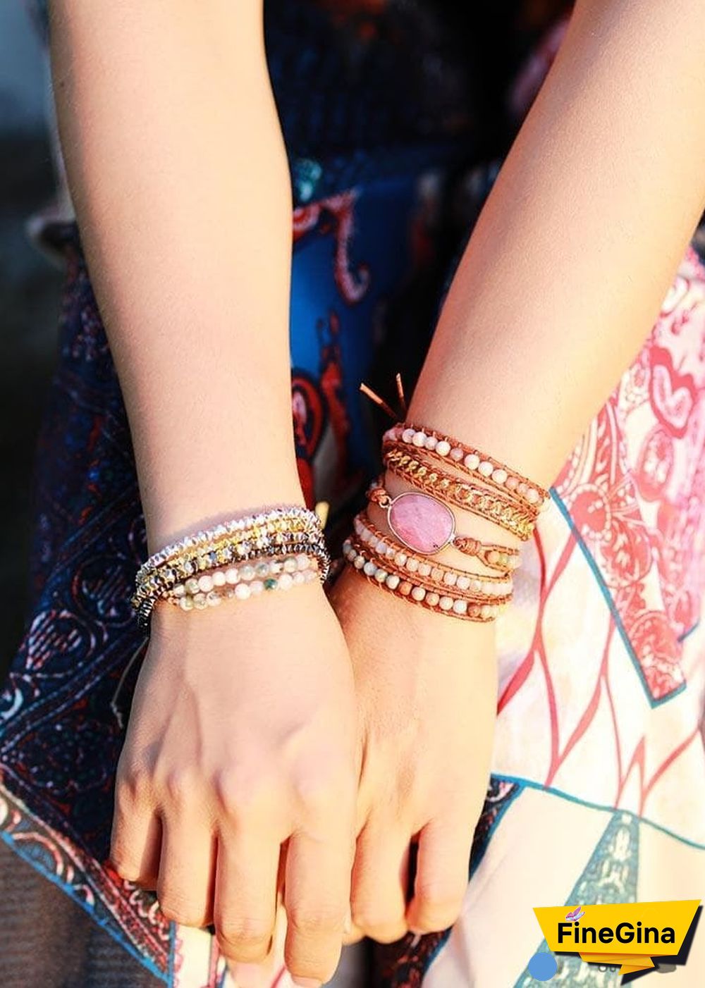 Boho Bracelet, 5 Layers Leather Wrap Bracelet, Pink Rhodonite