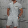 Men's Casual Waffle-Knit Two-Piece Set: Color-Block Stand Collar Short-Sleeve Top & Shorts by Inlyline