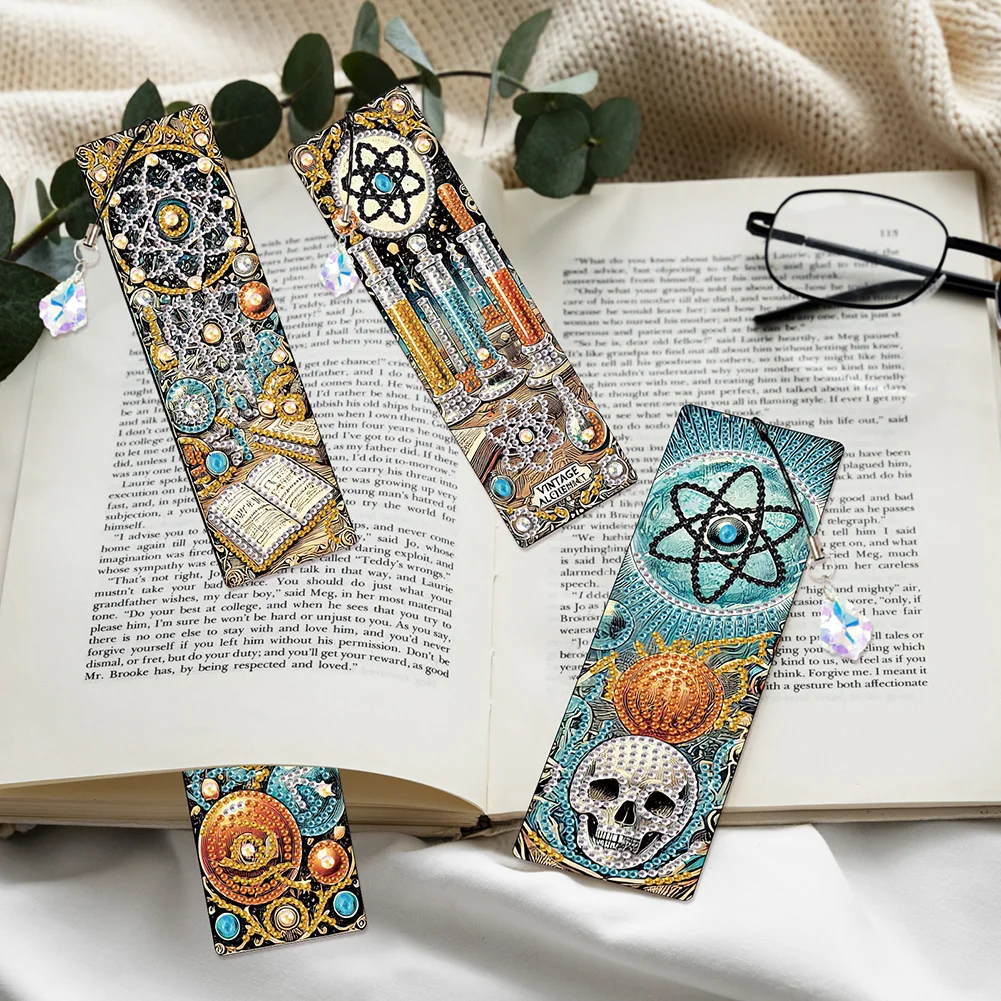 8Pcs DIY Skull Diamond Painting Art Bookmarks with Crystal Pendants for Gift