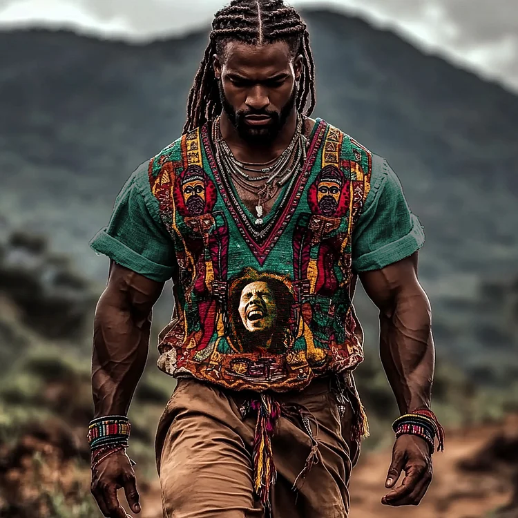 VChics Men's Black Pride African Ethnic Geometric Juneteenth Reggae Music Art Print Linen T-shirt