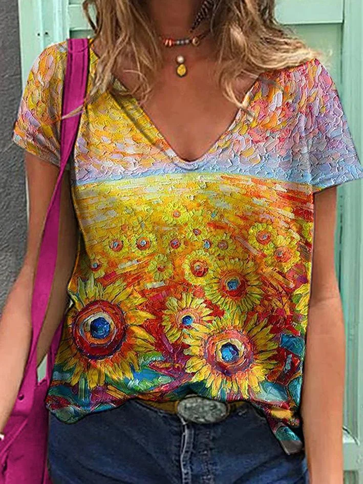 Floral print casual short-sleeved T-shirt