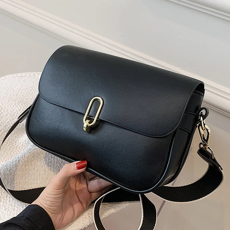 Vintage Solid color Crossbody bag 2021 New PU Leather Women's Designer Handbag Wide Shoulder strap Shoulder Messenger Bag Purses