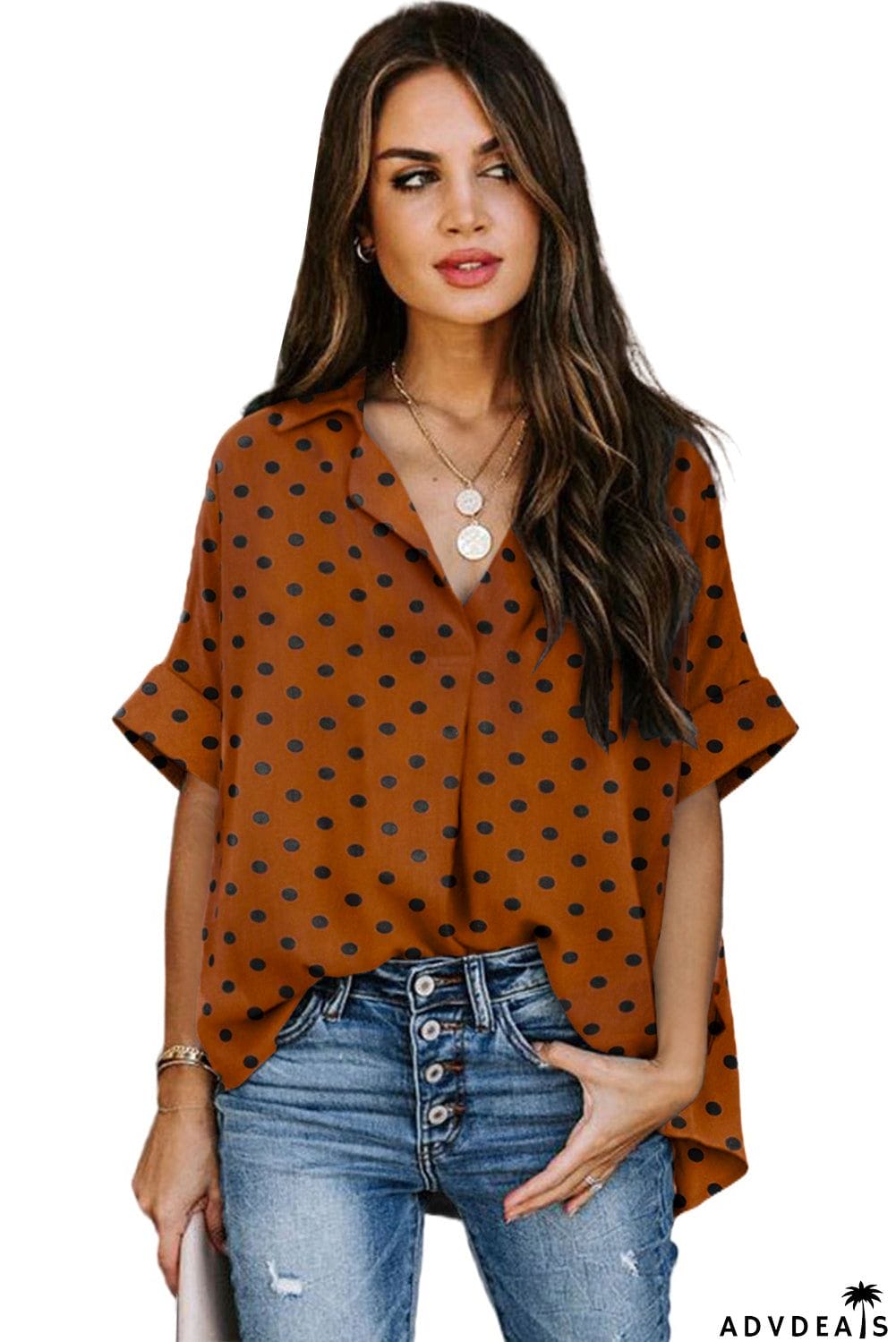 Dotted Print V Neck Drape Front Blouse