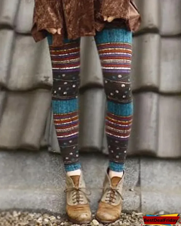 women stripe vintage print leggings casual pants p595516