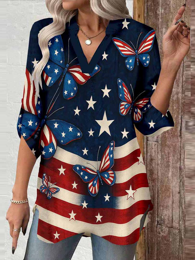 Women  Independence Day, Star, Striped, Blue, Red DZGA0242 3/4 Sleeve V-neck Printed Graphic Button Tops