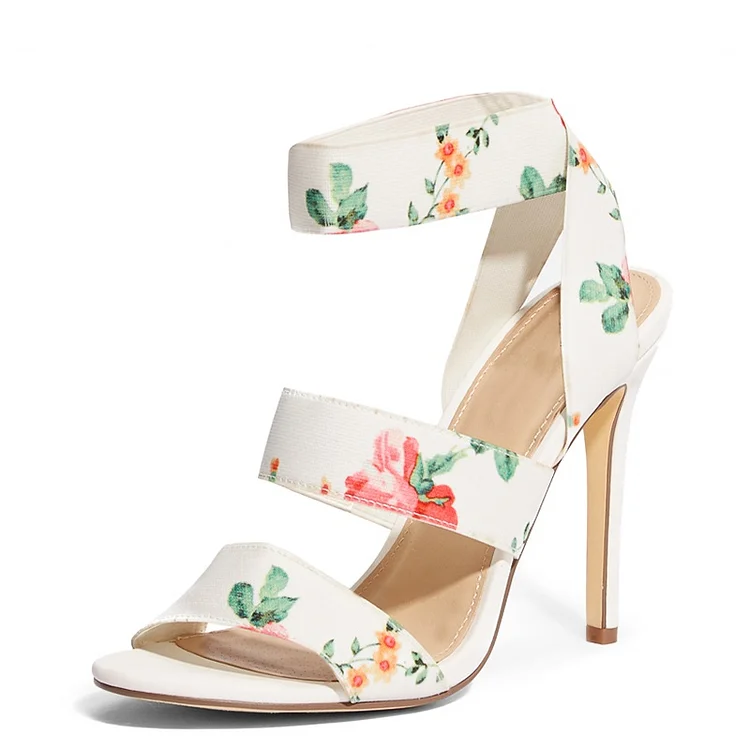 White Floral Print Stiletto Heels Open Toe Ankle Strap Sandals |FSJ Shoes