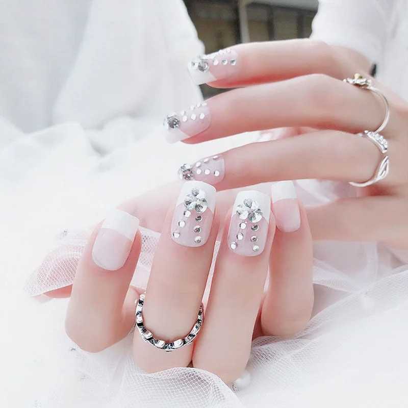 Bride Shining Rhinestone Wedding False Nails Ladies Simple Fashion French Fake Nails White Beige Acrylic Nail Tips With Glue-Nail Inspo
