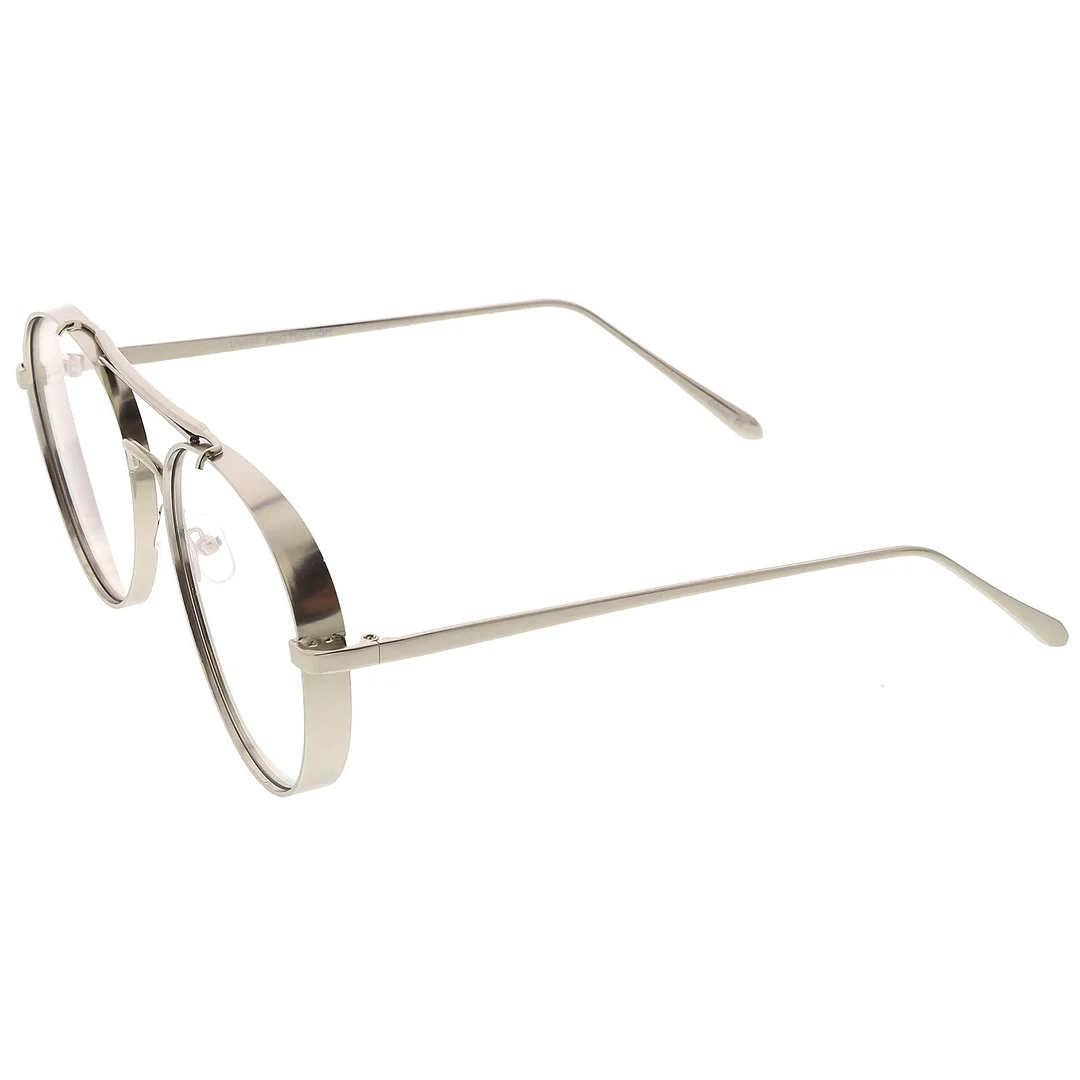 Oversize Metal Aviator Eyeglasses With Triple Crossbar Side Cover Clear Flat Lens 60mm