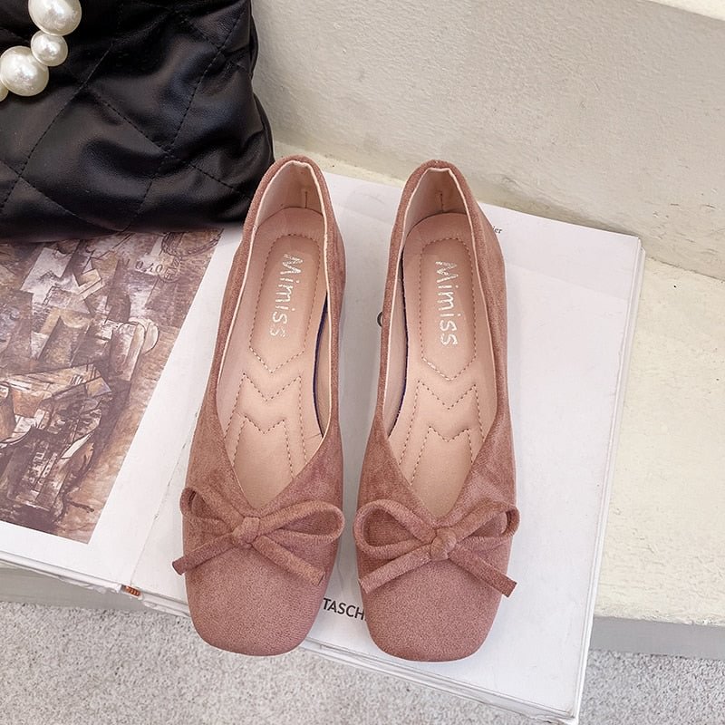 New Women Shoes Spring Autumn 2021 Suede Designer Slip on Bow Shallow Casual Shoes Square Toe Flats Sweet Walking Dress Sandals