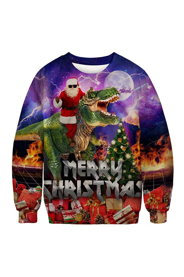 Santa Riding Dinosaur Ugly Christmas Sweatshirt-elleschic