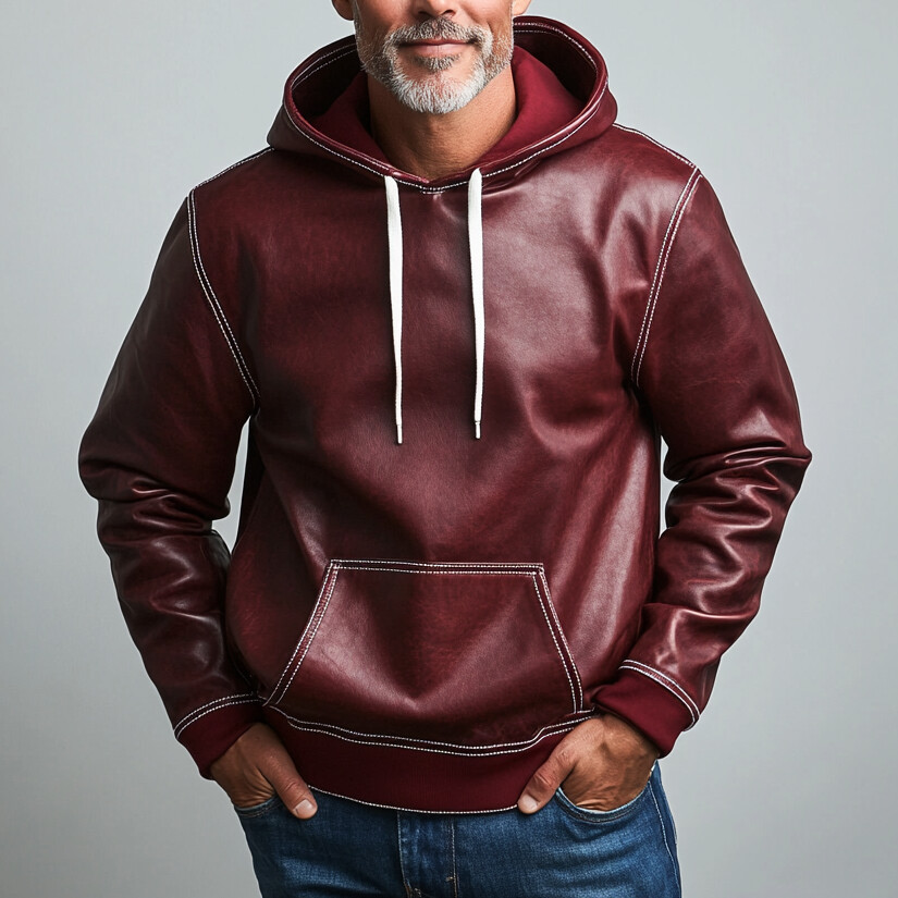 Men's Fashion Long Sleeve Pocket Drawstring PU Leather Hoodie