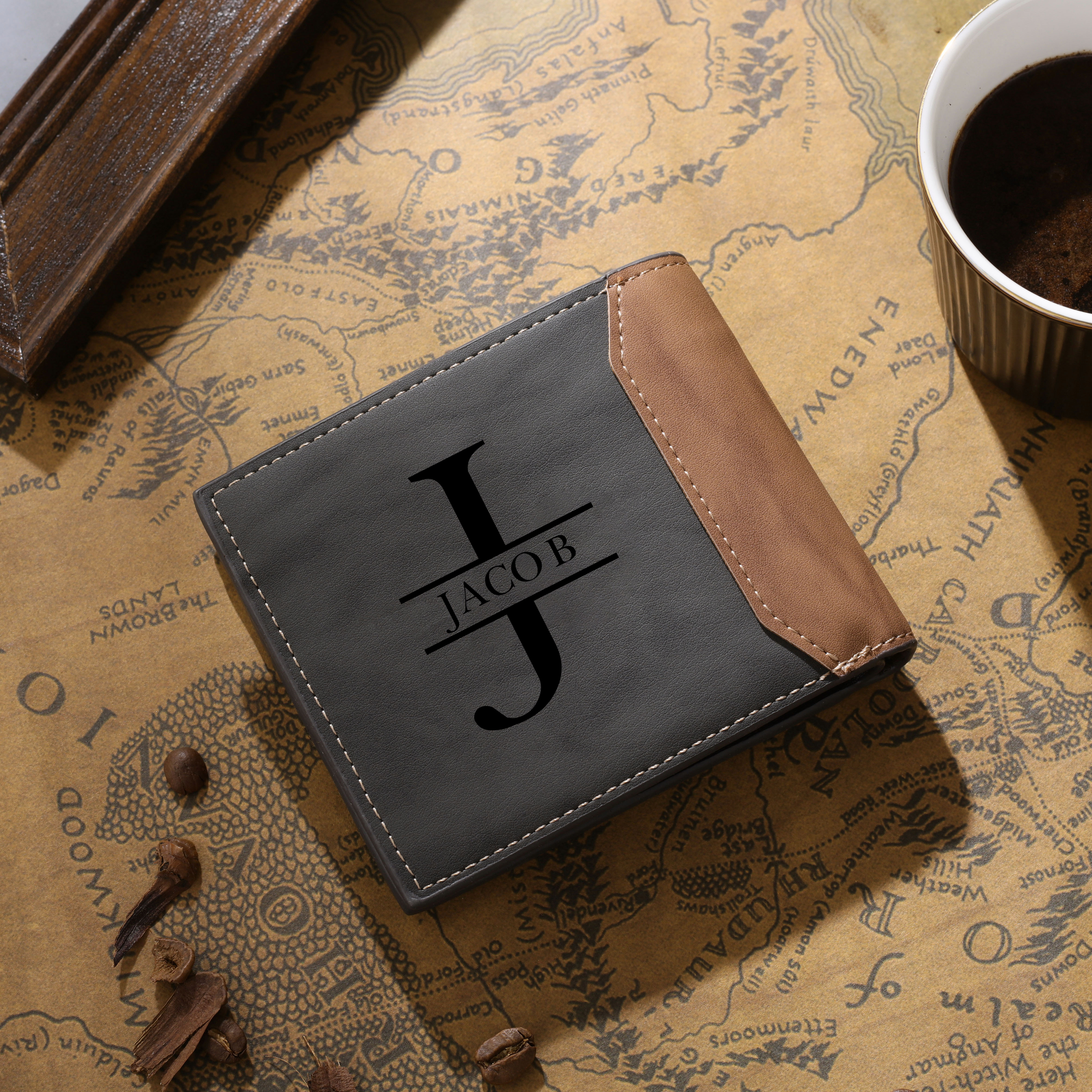 Black Personalised 1 Photo & 1 Letter & 4 Names Gift Set Custom Wallet & Bracelet & Pen Gift Box Set Father’s Day Gifts