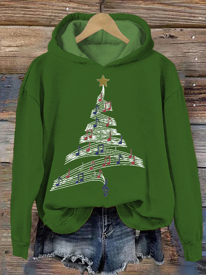 Music Note Christmas Tree Print Casual Cozy Hoodie wearshes