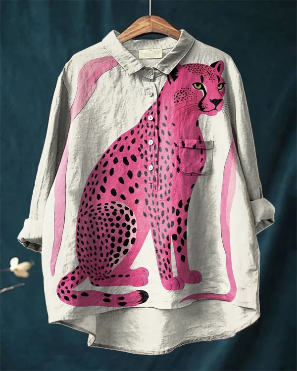 Pink Leopard Art Cotton and Linen Casual Shirt
