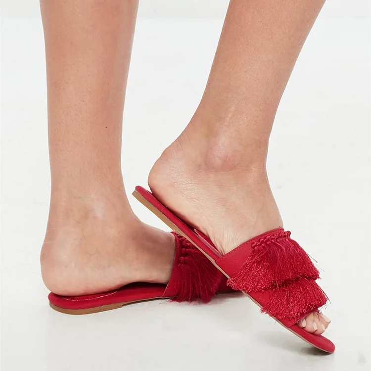 Red Suede Tassel Flat Slide Sandals Vdcoo