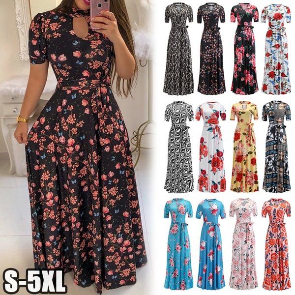 Summer Women Fashion Short Sleeves Casual Loose Floral Maxi Long Dresses Plus Size - BlackFridayBuys
