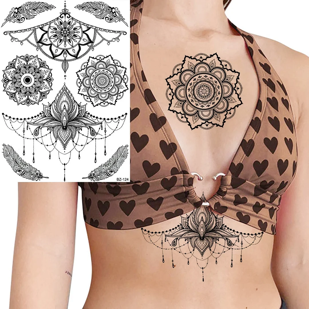 Henna Pendant Temporary Tattoos For Women Undertboob Girls Realistic Butterfly Rose Flower Fake Tattoo Sticker Chest Tatoos