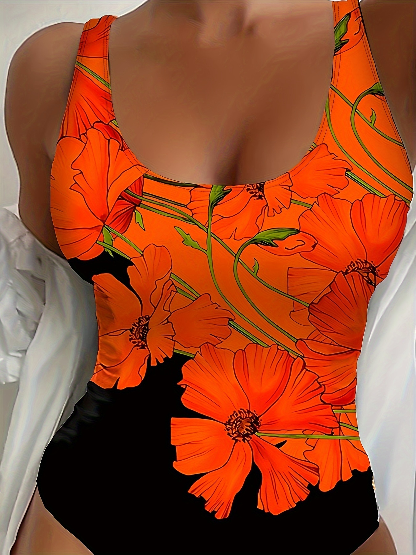 Women's Sexy Floral Print One-Piece Swimsuit - Orange & Black Contrast, Backless Design With Removable Chest Pads, High Elasticity Slim Fit For Beach & Pool, High Waisted Swimsuit, Vacation Outfit, Stylish Swimwear, Durable Swimwear, Trendy Swimwear | IFYHOME