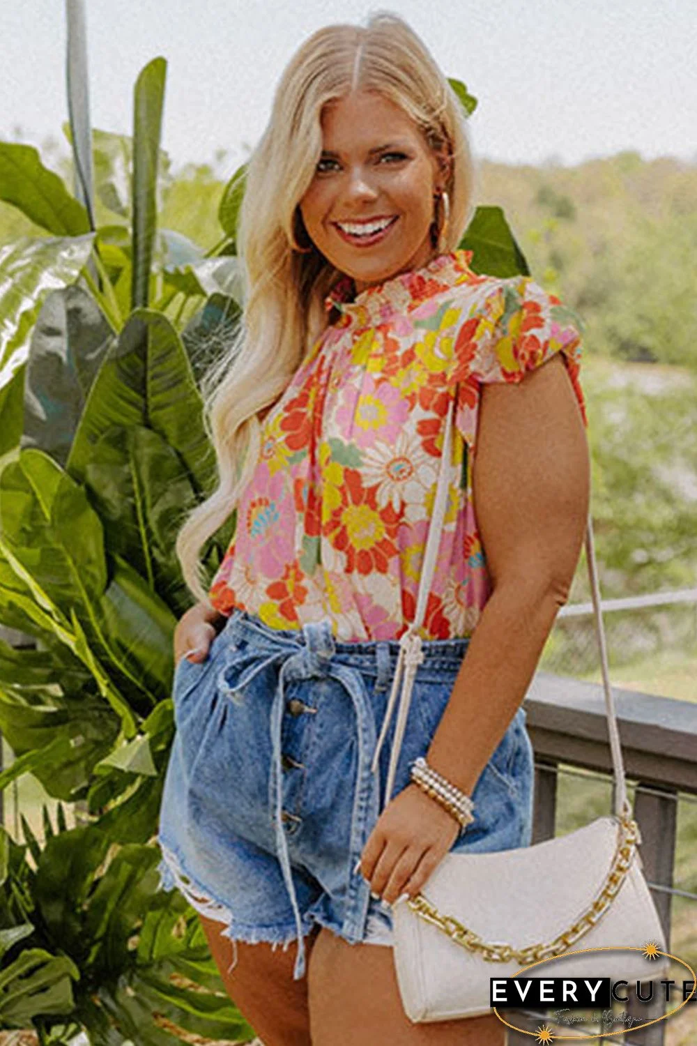 Multicolor Plus Size Mock Neck Ruffle Sleeve Floral Blouse