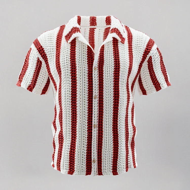 Men's Knit Hollow Out Contrast Stripes Single Breasted Short Sleeve Shirt