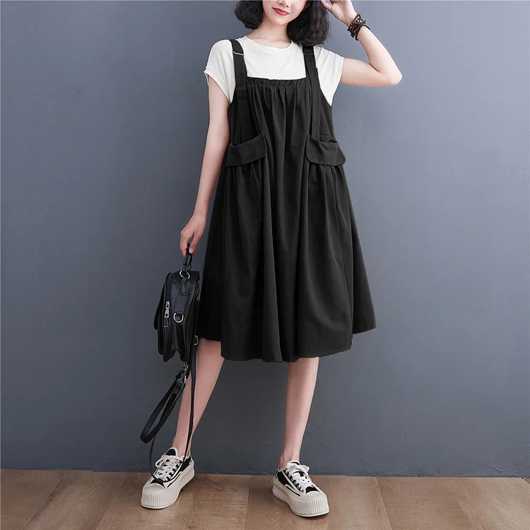 Literary Loose Solid Color Strap Midi Dress