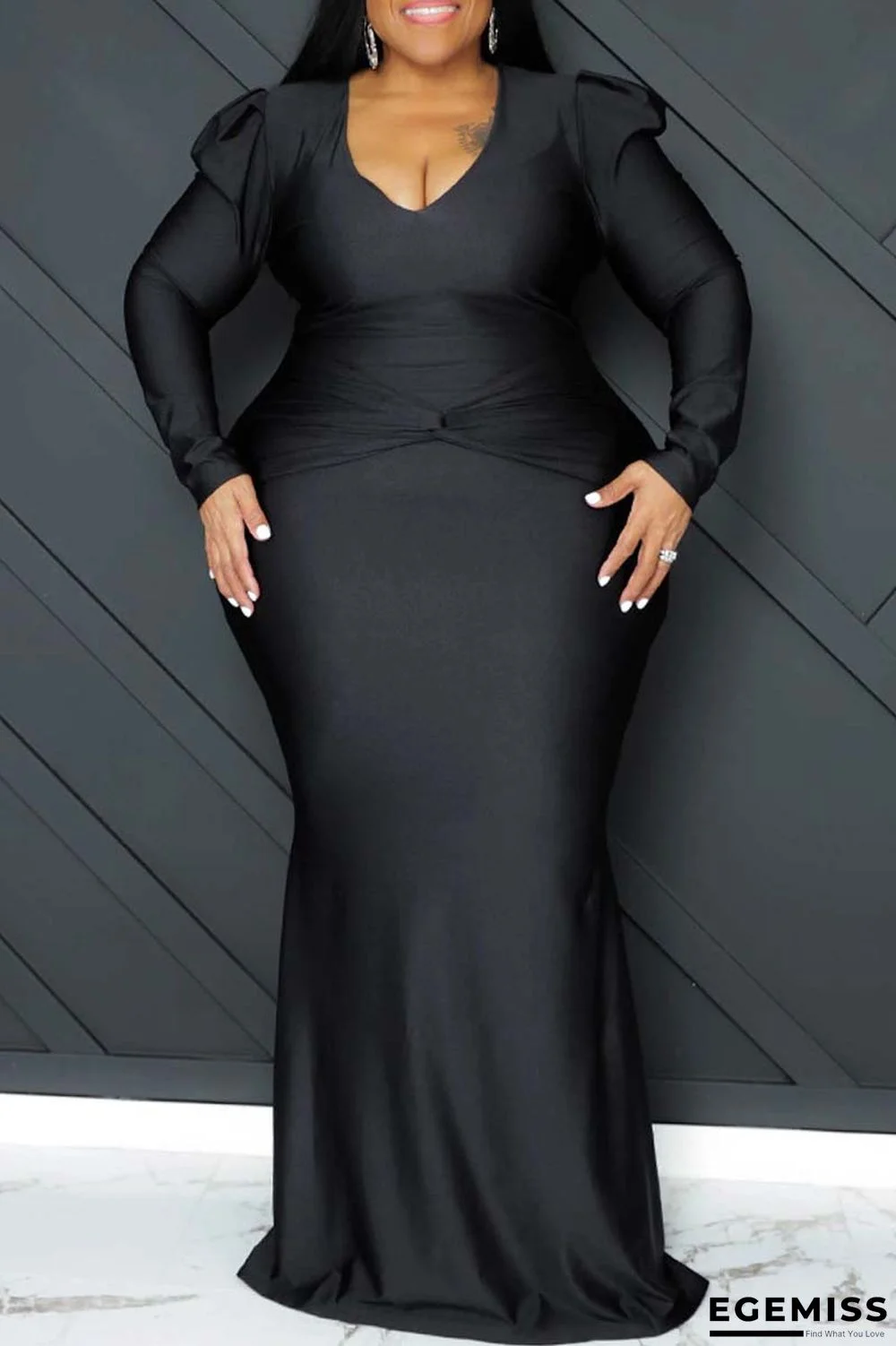 Black Sexy Formal Solid Patchwork V Neck Long Sleeve Plus Size Dresses | EGEMISS