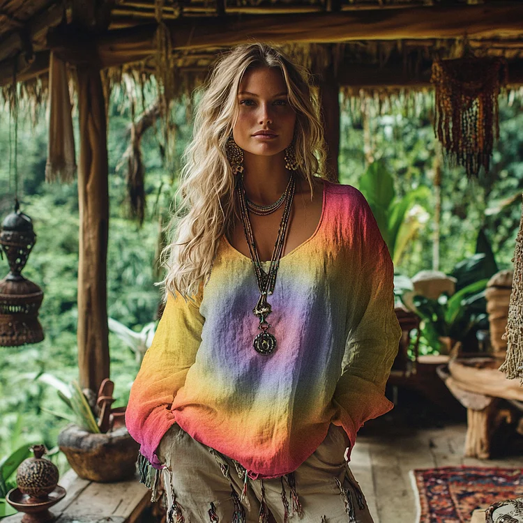 Utbros Women's Vintage Bohemian Tie-dye Art Linen Casual T-shirt
