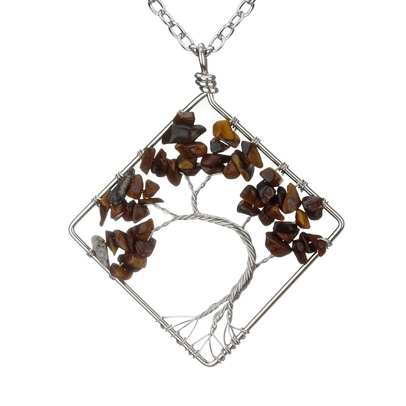 Fashion Square Tree Natural Stone Crystal Metal Beaded Hollow Out Pendant Necklace 1 Piece