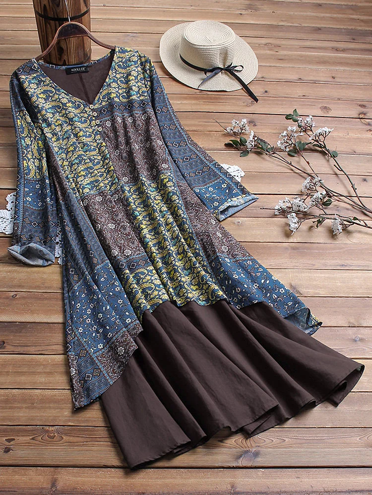 Vintage Ethnic V Neck Patchwork Long Sleeve Midi Dress