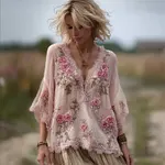 Boho Pink Roses Lace Trim Flare Flowy Linen Tunic - Image 2