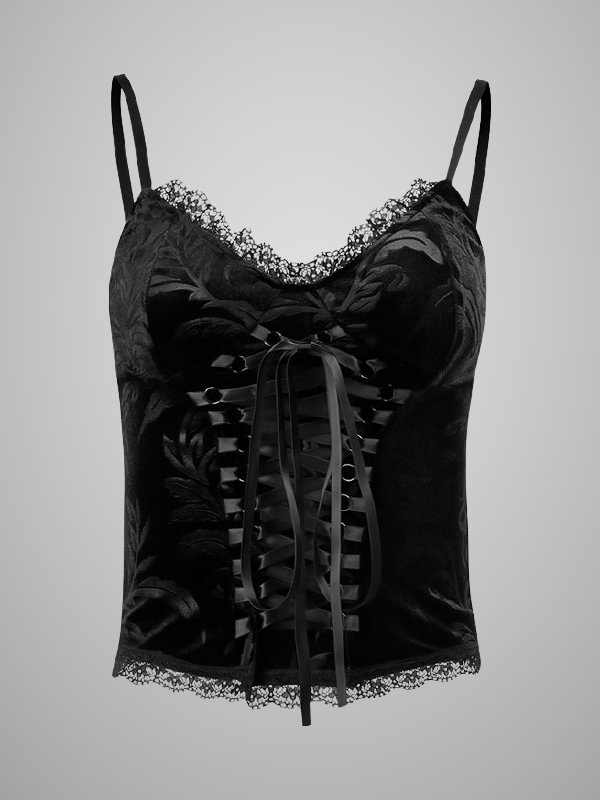 Sexy Gothic Velvet Lace Spaghetti Backless Bandaged Black Cropped Tank Top