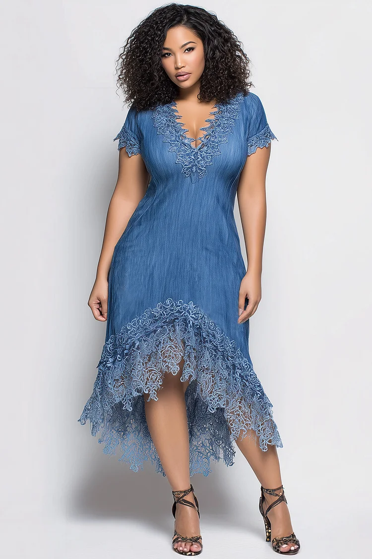 Xpluswear Design Plus Size Vacation Lace Blue V Neck Short Sleeve Contrast Asymmetric Hem Irregular Hem Tencel Denim Midi Dresses [Pre-Order] 2024 - Xpluswear