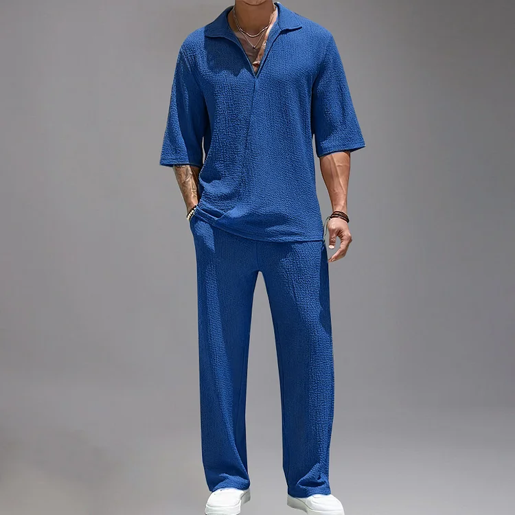 Casual Half Sleeve Buttonless Polo Shirt & Pants 2Pcs Set 