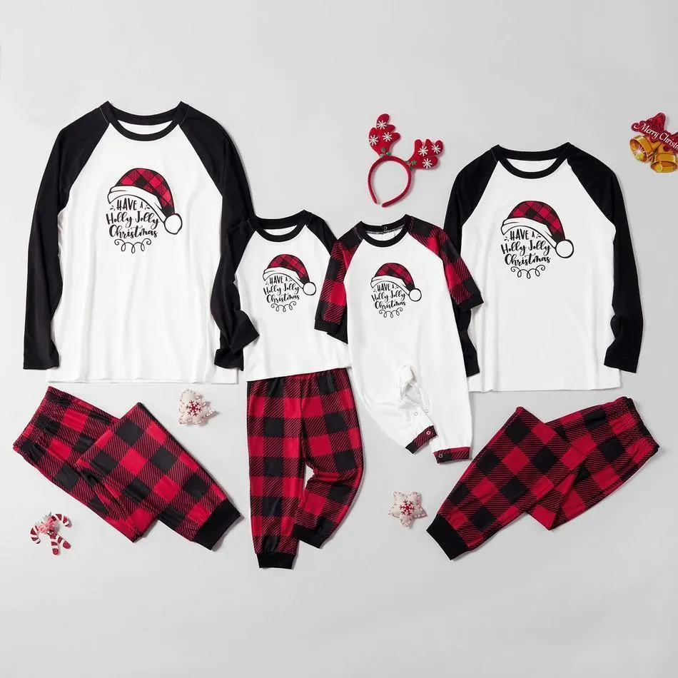 Family Matching Plaid Christmas Hat Print Pajamas Sets