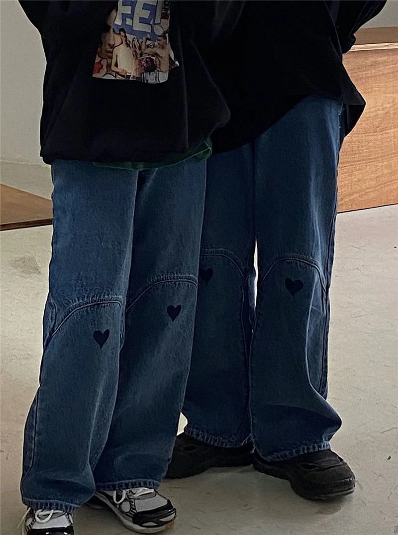 Casual Summer Blue Denim Jeans Women Korean Loose Love Pattern Baggy Jeans Feminino Wide Leg Pants Pantalon Pour Femme
