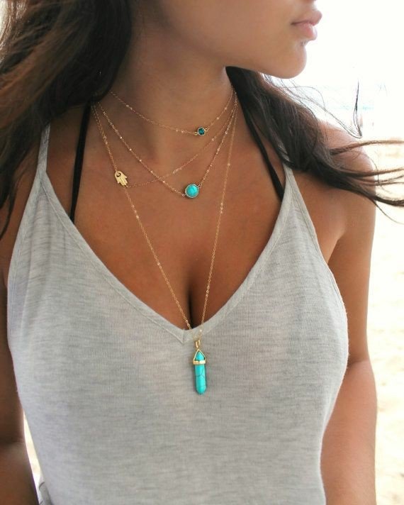   Multilayer women's eye natural turquoise crystal pendant necklace - Neojana