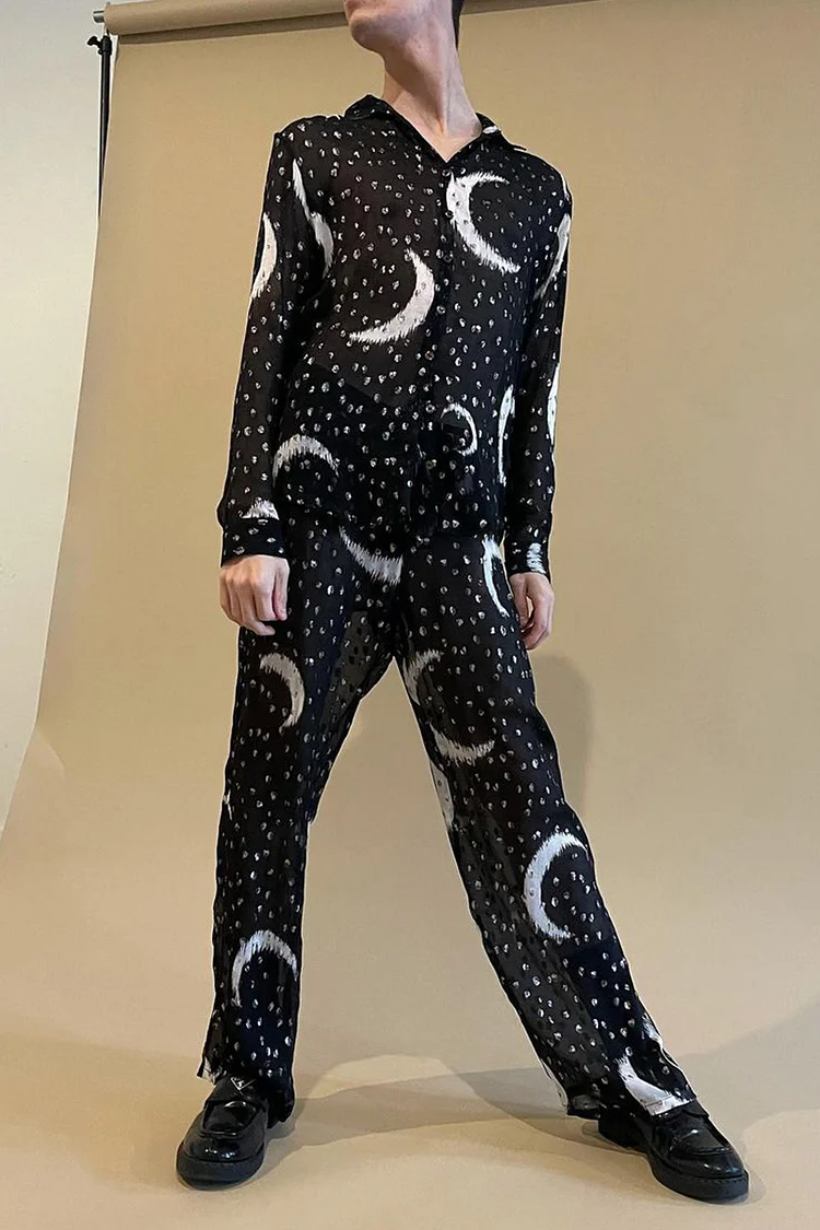 Mesh See Through Moon Print Long Sleeve Shirt Pants Two Piece Set [Pre-Order]