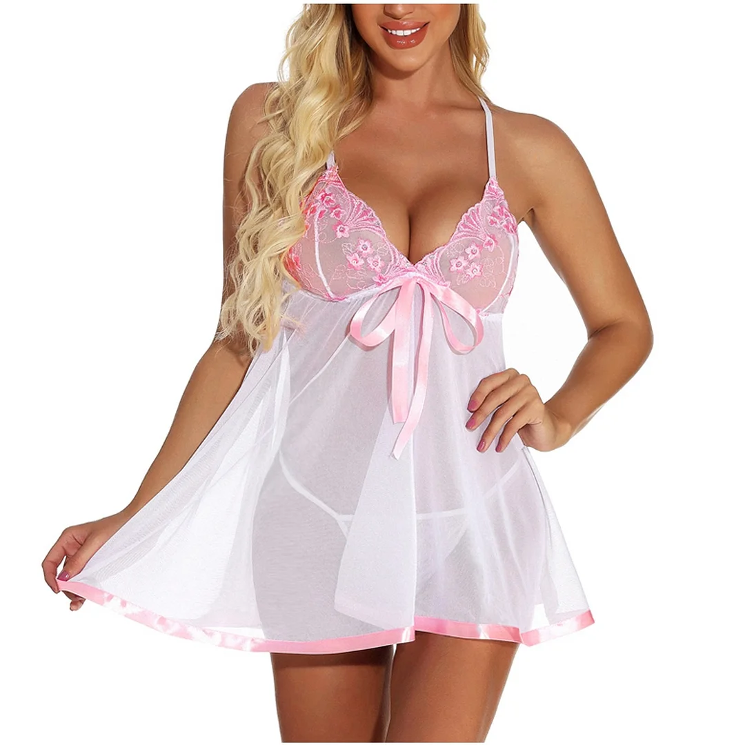 Billionm Plus Size Sex Lingerie Lace Bow Sleepwear Women's Nightie V-neck Strap Sexy Night Dress See Through Lace Nightgown Nightwear 6XL