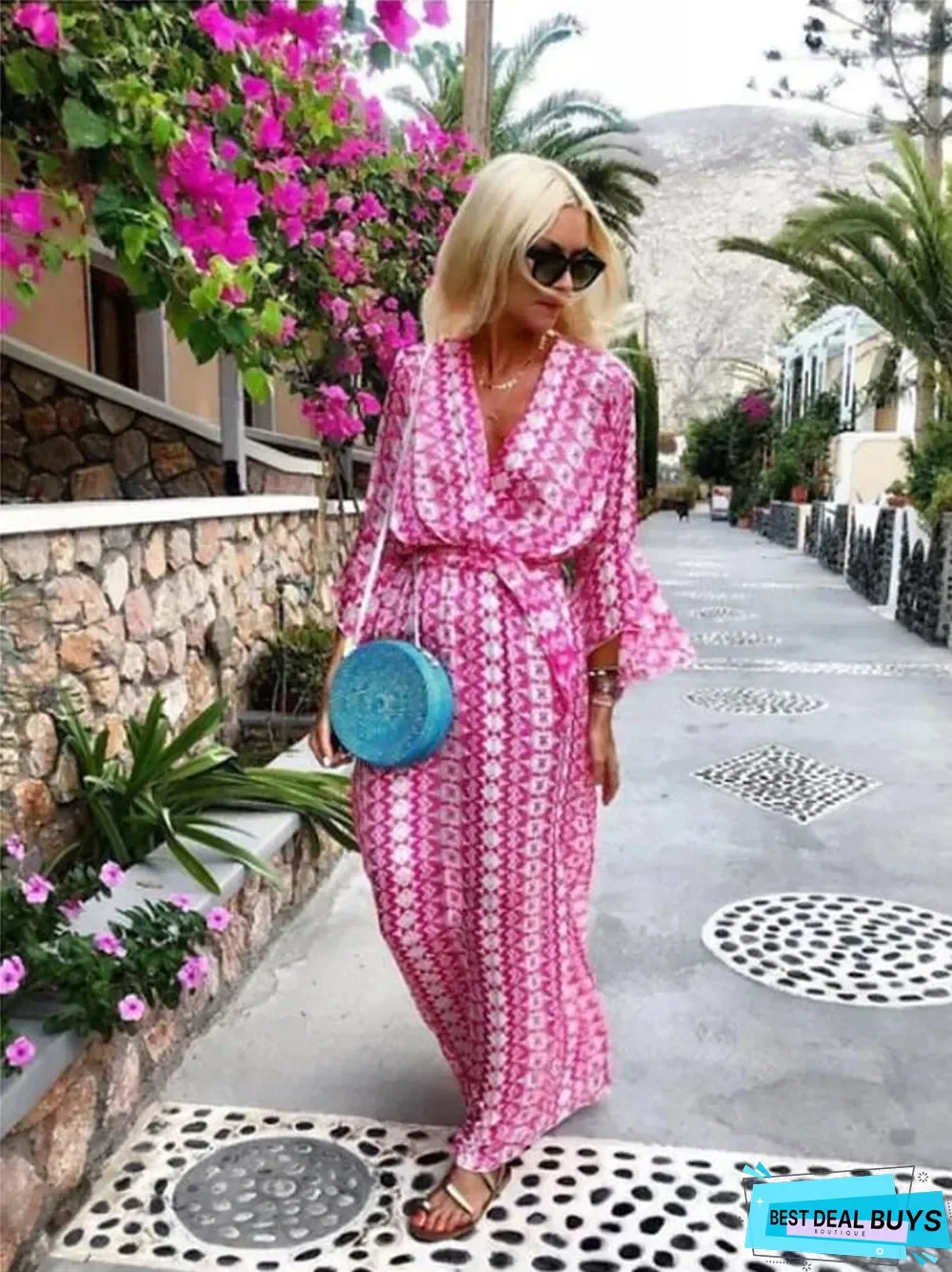 Women's Swing Dress Maxi Long Dress 3/4 Length Sleeve Geometric Print Spring Summer Boho Flare Cuff Sleeve Blushing Pink Green