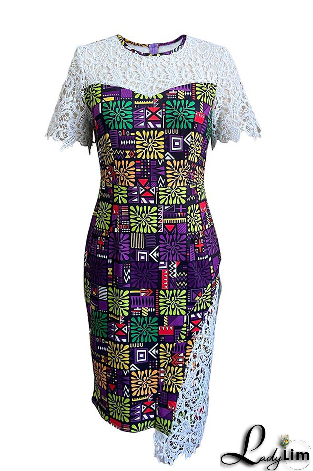 Purple Sexy Print Lace O Neck Irregular Dress Dresses