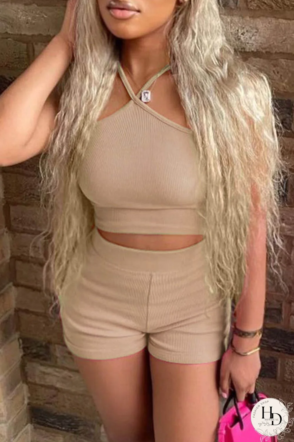 Khaki Sexy Casual Solid Backless Spaghetti Strap Sleeveless Two Pieces