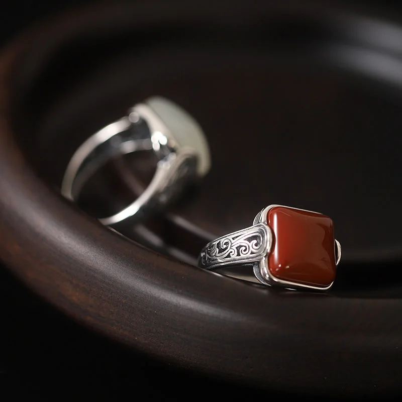 S925 Silver Red Agate White Jade Retro Ring