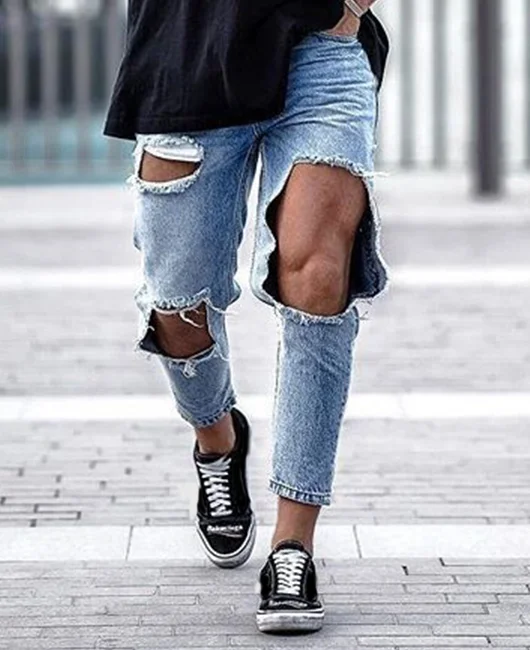 Fashion Plain Big Ripped Distressed Denim Pencil Pants