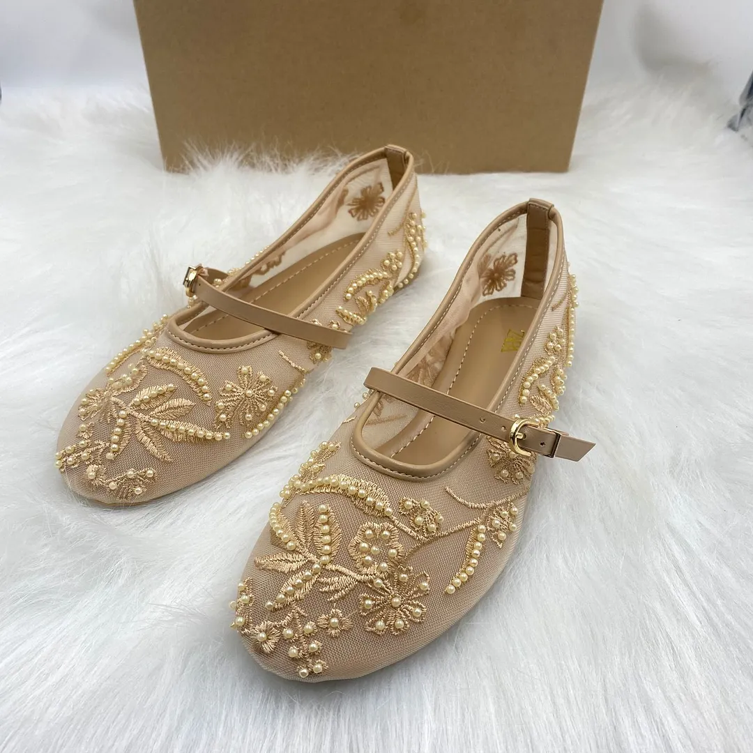 Breakj Breakj Home 2025 New Women's Shoes Spanish Embroidery Fashion Low-Help Embroidery Mesh Single Shoes Women