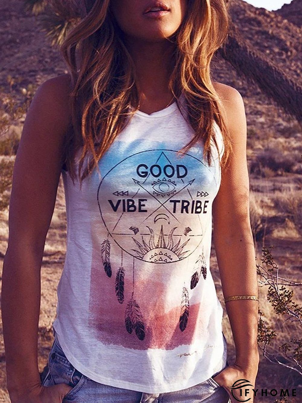 White Shift Casual Club Party Daily Printed Sleeveless Shift Tanks & Camis | IFYHOME