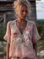 Vintage Boho Pink Roses Embroidered Cozy Linen Tunic