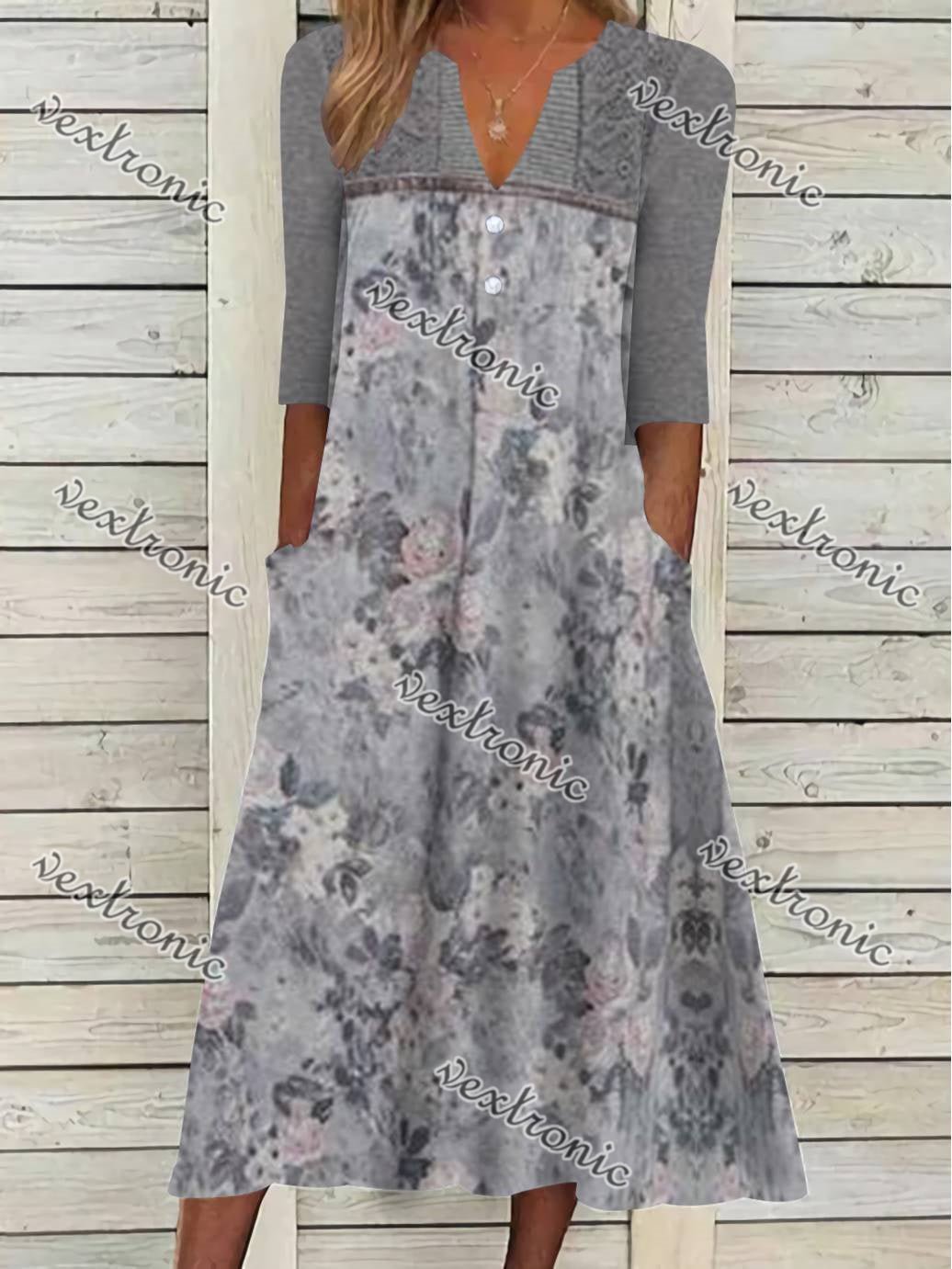 Women's Short Sleeve V-neck Gray Floral Printed Midi Dress