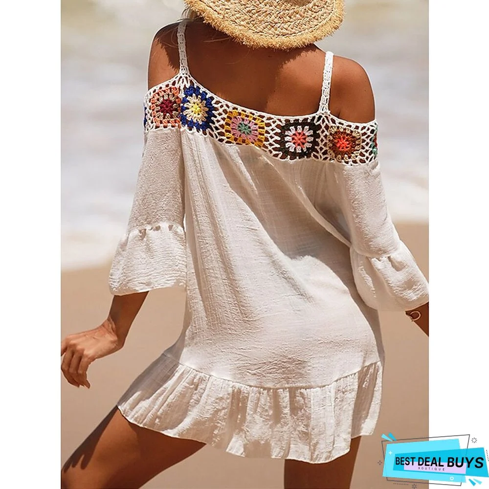 Women's Cover Up Beach Dress Beach Wear Mini Dress Ruffle Backless Ethnic Casual Floral Spaghetti Strap 3/4 Length Sleeve Loose Fit Outdoor Daily Black White 2023 Spring Summer One Size