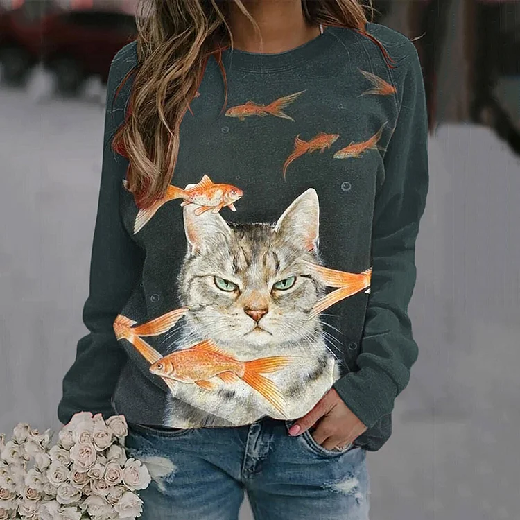 Vefave Funny Catfish Print Long Sleeve Sweatshirt