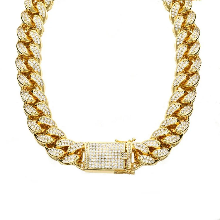 Gold Chain for Men Iced Out, 18MM Men's Gold Chain Miami Real Gold Plated/Platinum White Gold Finish Choker Necklace Bracelet,Full Cz Diamond Cut Prong Set